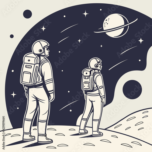 Two Astronauts on the Moon Gazing at the Milky Way – Space Exploration and Moon Colonization Concept

