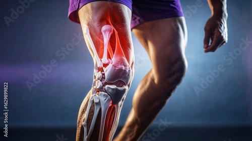 A person's knee joint with a digital overlay highlighting the bone structure and a red glow, representing pain, injury, or medical conditions in sports and health