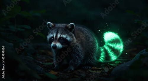 Magisch wasbeer gloeit zacht in donker bos. AI Generated