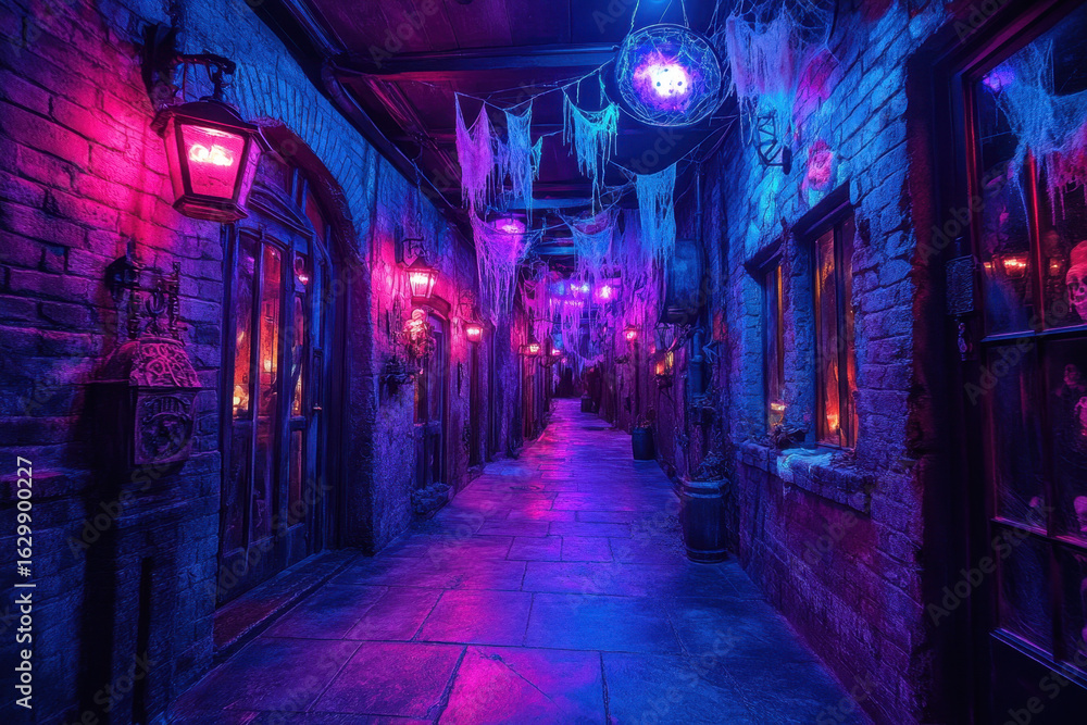 Naklejka premium Purple light illuminates a shadowy alley.