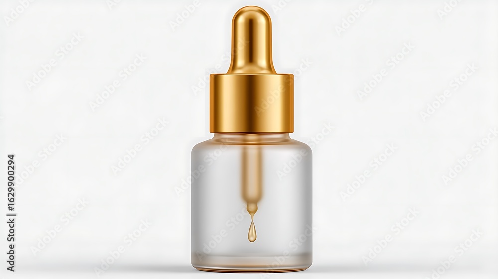 Naklejka premium Elegant Serum Bottle with Golden Dropper Droplet Against a White Background.