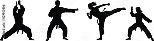 Karate martial arts silhouette of men and women practicing kick, punch, block, combat stance, self defense, black belt training.eps