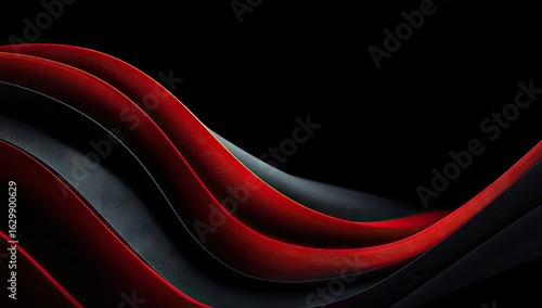 Abstract curves of deep red and dark grey layered, flowing forms against a black background
