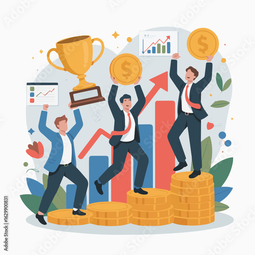 Celebrating business success with trophy, coins, and rising graph among happy businessmen in suits