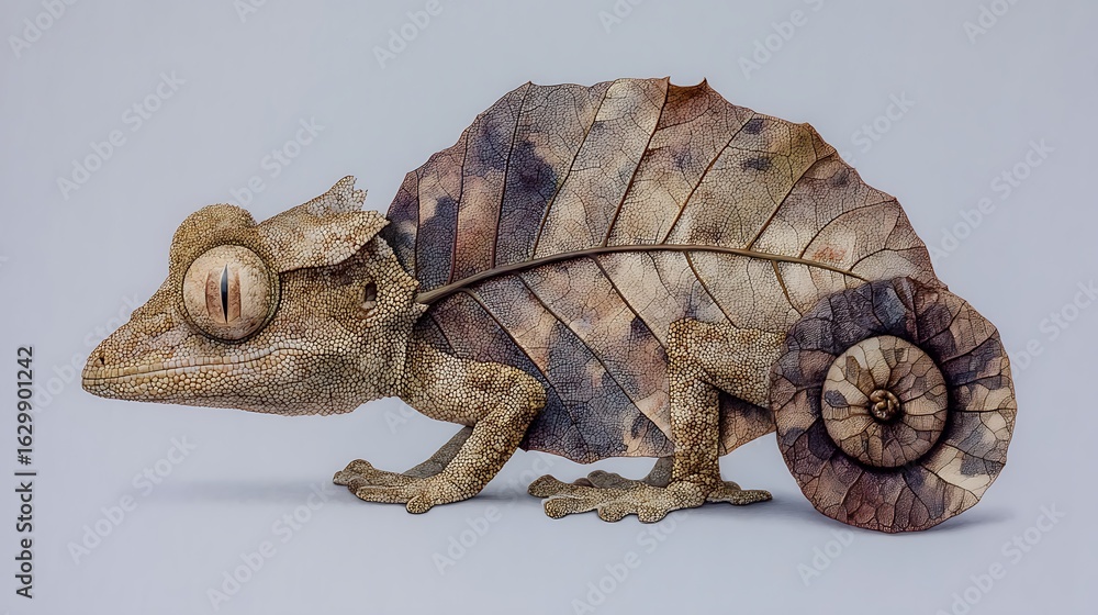 Obraz premium Exquisite LeafTailed Gecko Camouflaged as a Leaf with on a Plain Background.