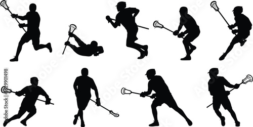 Lacrosse player silhouettes in action, dynamic sports poses, team game, helmet, stick, running, jumping, competitive athletic movement, outdoor lacrosse, sport intensity.eps