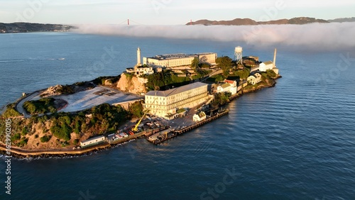 Alcatraz Island In San Francisco California United States. Bustling Downtown Cityscape With Modern Buildings. Business Sky Downtown Cityscape. Business Panning Wide. San Francisco California.
