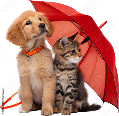 A heartwarming photograph of a golden retriever puppy and a tabby kitten sitting closely under a bright red umbrella for protection.