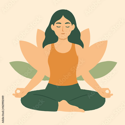 Young woman meditating in lotus pose with floral background  