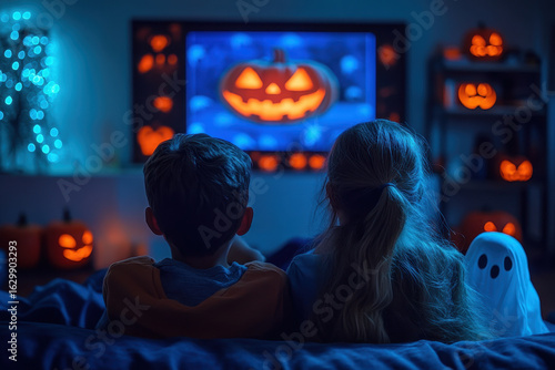 children watching scary movie on TV.