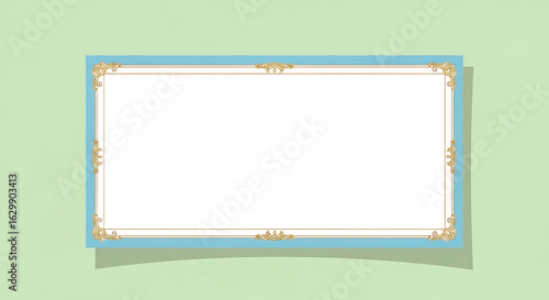 Elegant rectangular frame with blue border and golden ornate corner scrollwork.