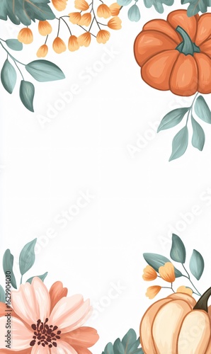 Hand-drawn autumn harvest frame with pumpkins and botanicals. Elegant vertical template for seasonal greetings.