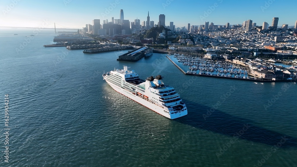 Fototapeta premium Cruise Ship In San Francisco California United States. Cruise Ship Leaving Bay Area City Skyline In Background. Shore Sky Clouds Beach Sea. Seaside Panorama. San Francisco California.