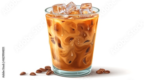 Iced Coffee Delight Refreshing beverage with ice cubes  coffee beans with studio shot.