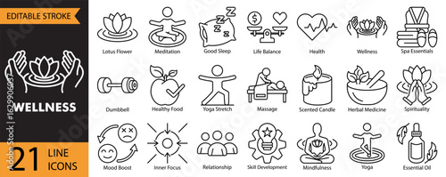 Wellness icon set collection in outline style. An icon pack contain Meditation, Yoga, Spa Essentials, Mindfulness, Good Sleep, Health, Fitness, Scented Candle, Essential Oil, Massage, Herbal Medicine
