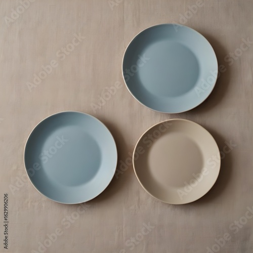 Top-down view of three empty matte ceramic plates in beige and pastel blue, placed asymmetrically on a soft linen tablecloth, clean neutral background,Generative Ai
