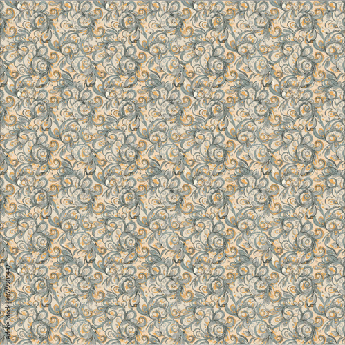 a seamless surface pattern featuring stylized floral and paisley-inspired motifs in a spacious