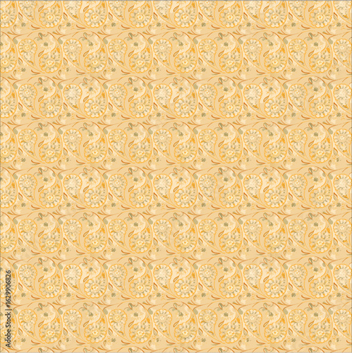 a seamless surface pattern featuring stylized floral and paisley-inspired motifs in a spacious