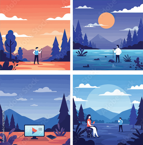 A collection of 4 flat illustrations depicting a modern work-life balance, featuring a person hiking and working remotely as a digital nomad in a scenic mountain landscape at various times of day.