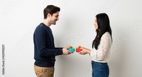 Gelukkig paar uitwisselt vrolijk cadeautjes zacht licht. AI Generated