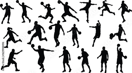 Silhouette collection of basketball players in dynamic action poses, dribbling, jumping, dunking, isolated on white background for sports design..eps