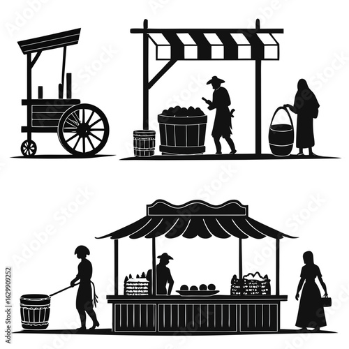 Set of medieval marketplace silhouettes – trade stalls, carts, and vendors in flat black on white background

