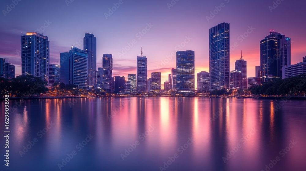 Obraz premium Vibrant city skyline reflecting in calm water at sunset.