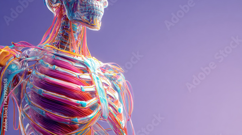 A visually stunning and colorful illustration of the human musculoskeletal system, artistic graphics style, with smooth gradients, vibrant and harmonious colors, 3d illustration.