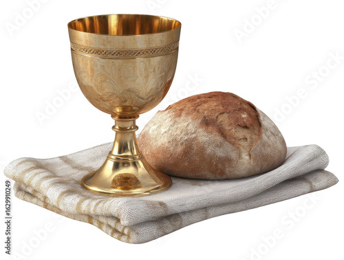 Ornate gold chalice and round loaf of bread on linen cloth communion Eucharist