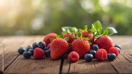 Fresh Strawberries, Blueberries, and Raspberries on Rustic Wooden Table