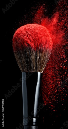 Close-up of a makeup brush with vibrant red powder exploding around it