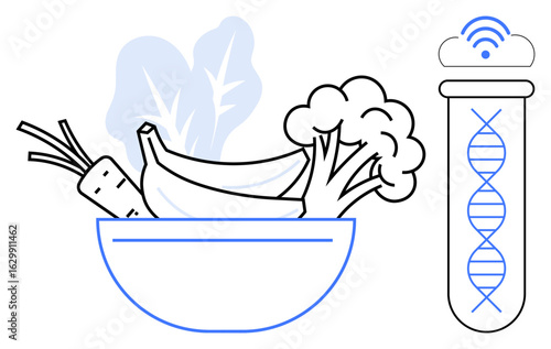 Bowl with carrot, banana, leafy greens, broccoli paired with a test tube displaying DNA. Ideal for biotechnology, nutrition, innovation, health research, food sciences genetic studies wellness