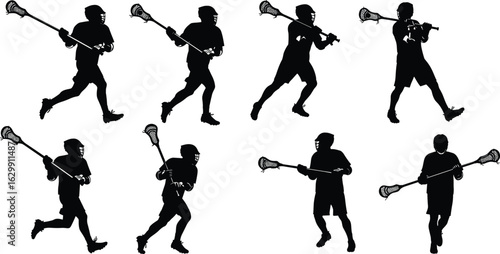 Silhouette of male lacrosse players running, holding sticks, playing sport, wearing helmets, isolated on white.eps
