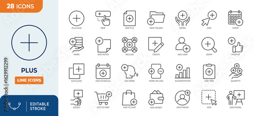 Plus line editable icon set. Containing add, more, new, copy, augmentation, positive, create, zoom and more. editable stroke. vector illustration