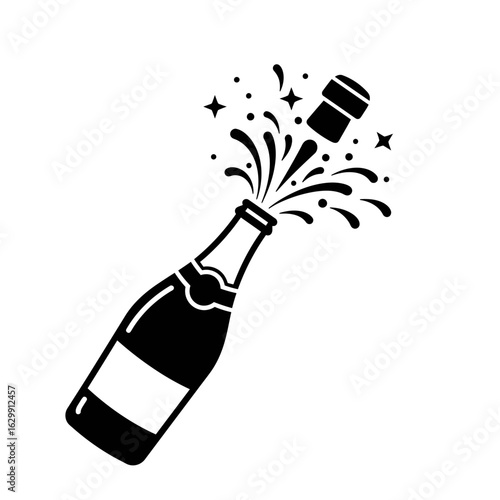 Champagne bottle popping with cork and splash design silhouette