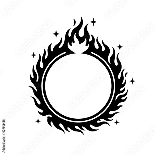 Circular frame surrounded by flames and stars art silhouette