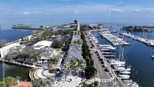 Saint Pete Pier In Saint Petersburg Florida United States. Breathtaking Aerial View Of A Lush Tropical Coastline Scenery. Business Sky Downtown Cityscape. Business Backgrounds Panorama.