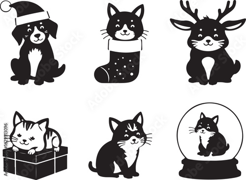 Cute Christmas pets dogs cats reindeer delightful holiday icons