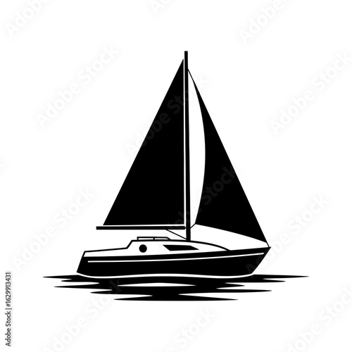 A black and white vector illustration of a sailboat gliding on water with its sails fully deployed forward