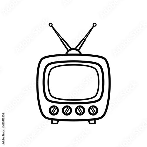 A simple black and white line drawing of a retro television set with antenna and control knobs