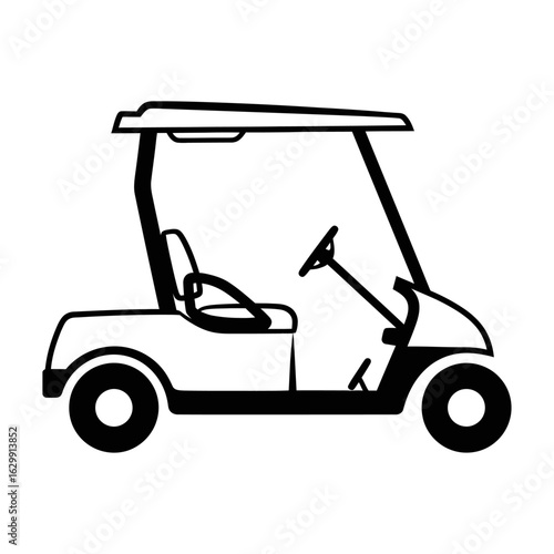 A simple black and white line drawing of a golf cart with a seat and a steering wheel on white