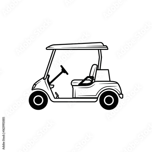 A black and white line drawing of a golf cart with a steering wheel and a single seat visible side view