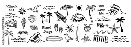 Hand-drawn beach-themed vector set with summer doodles like waves, palm trees, shells, crabs, sunglasses, and surfboards. Perfect for vacation designs, t-shirt prints, and tropical projects.