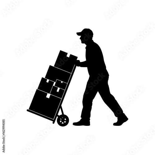 A silhouette of a delivery person pushing a hand truck loaded with boxes on a white background space