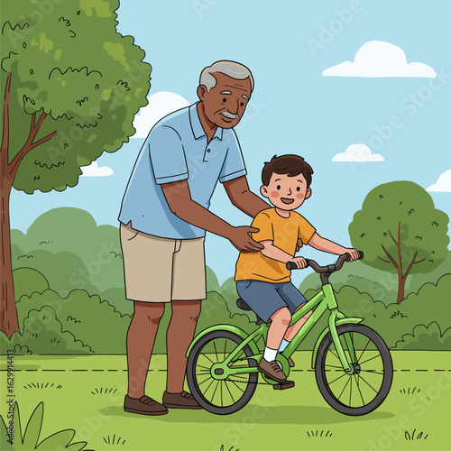 Happy Grandfather Teaching Grandson How to Ride a Bicycle in a Sunny Park