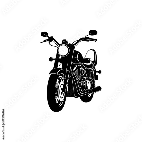 Illustration of a black motorcycle with a headlight and rearview mirrors on a white background