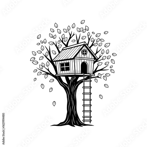 Illustration of a treehouse with a ladder in a tree full of leaves on a white background art