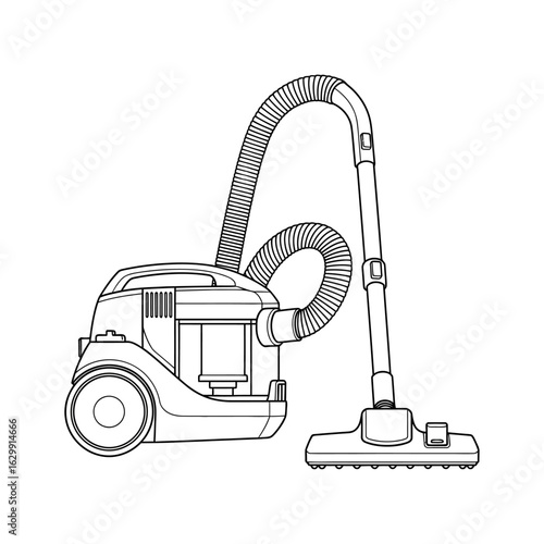 A detailed line drawing of a canister vacuum cleaner with hose and floor cleaning head attachment