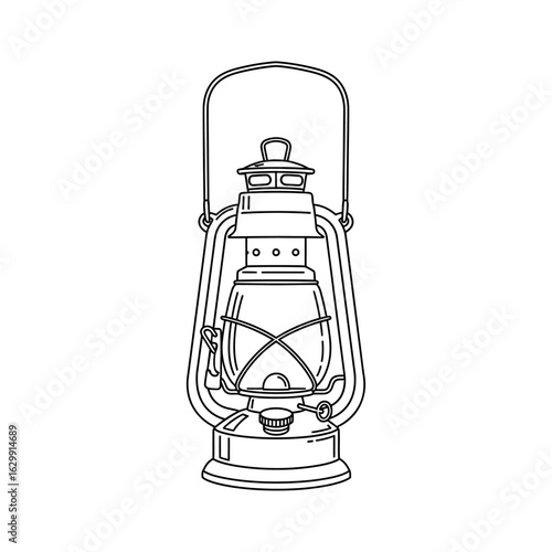 Illustration of a vintage kerosene lantern with a handle and a glass enclosure in outline style
