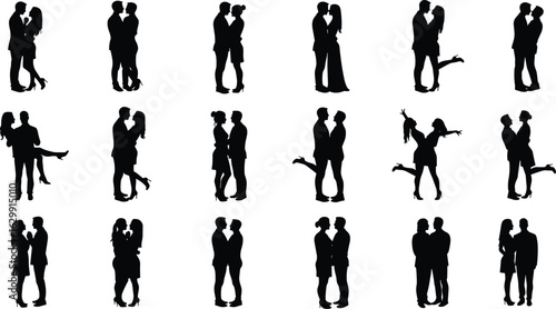 Silhouettes of diverse romantic couples, standing, hugging, kissing, holding hands, in love, affectionate, Led,.eps